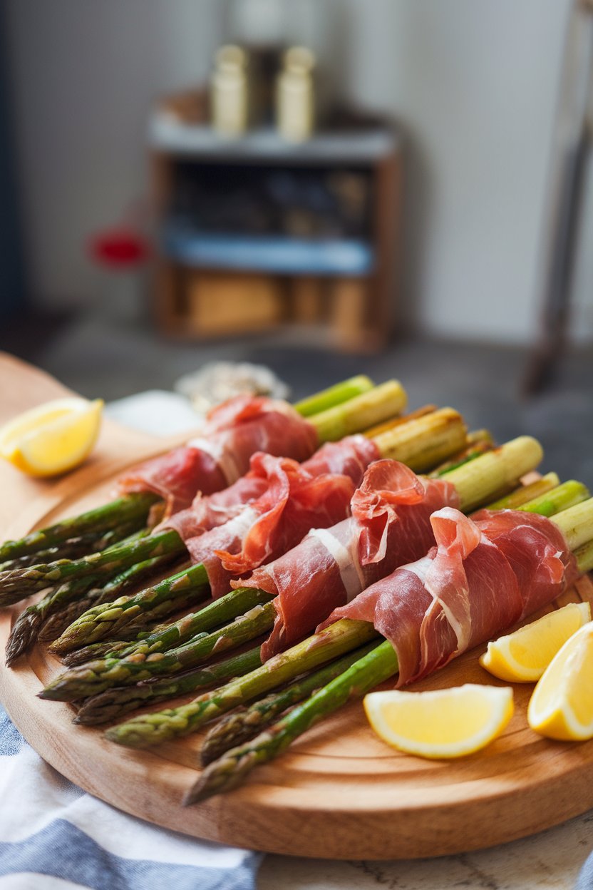 An indoor platter of roasted asparagus stalks wrapped in crisp prosciutto, lemon wedges on the side—no text or logos. Photo, not illustration.