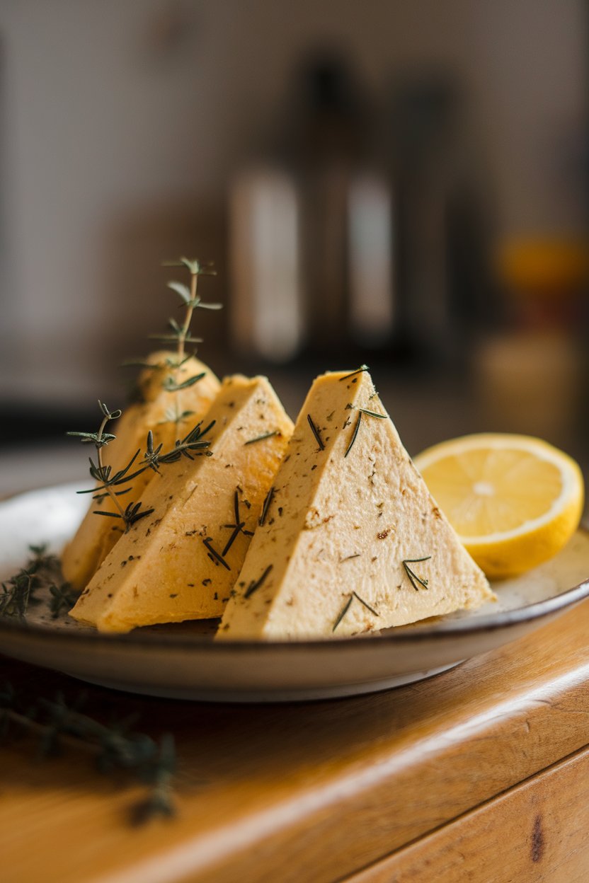 Photo prompt: Indoor setting with a white plate holding golden tofu triangles flecked with thyme and rosemary, a slice of lemon resting to the side. No text or logos visible.