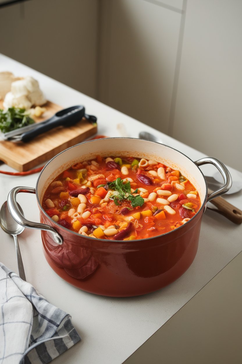 Indoor kitchen island with a pot of colorful minestrone—diced vegetables, beans, and pasta in tomato broth. No text or logos.