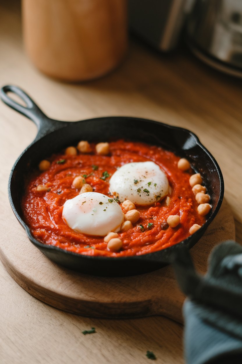 Indoor photo of a small cast-iron skillet holding simmered tomato-pepper sauce with poached eggs and chickpeas, garnished with chopped cilantro. No text or logos anywhere.