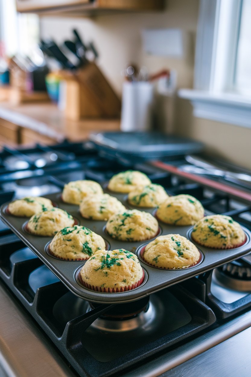 Indoor photo of a muffin tin filled with fluffy green-flecked egg white muffins resting on a stovetop. No text or logos.