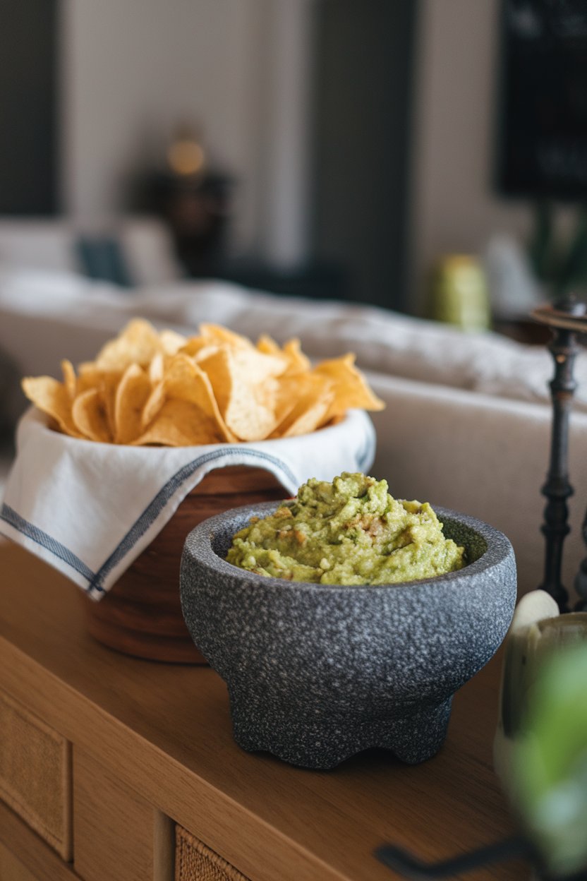 An indoor sideboard featuring a stone molcajete of chunky guacamole, a cloth-lined bowl of warm salted tortilla chips nearby. Soft ambient light, no logos.