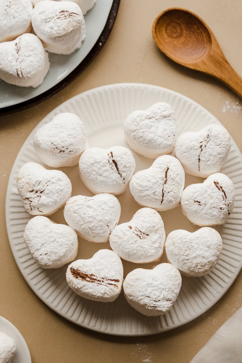 Indoor tabletop showing fluffy marshmallow hearts dusted with powdered sugar, slight vanilla bean specks visible. Photo, no text or logos.