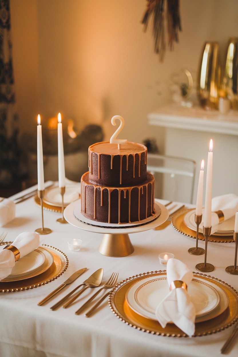 A warmly lit indoor dining room table with a two-tier chocolate cake draped in salted-caramel drip, tiny fondant “2” marker on top—no text or logos.