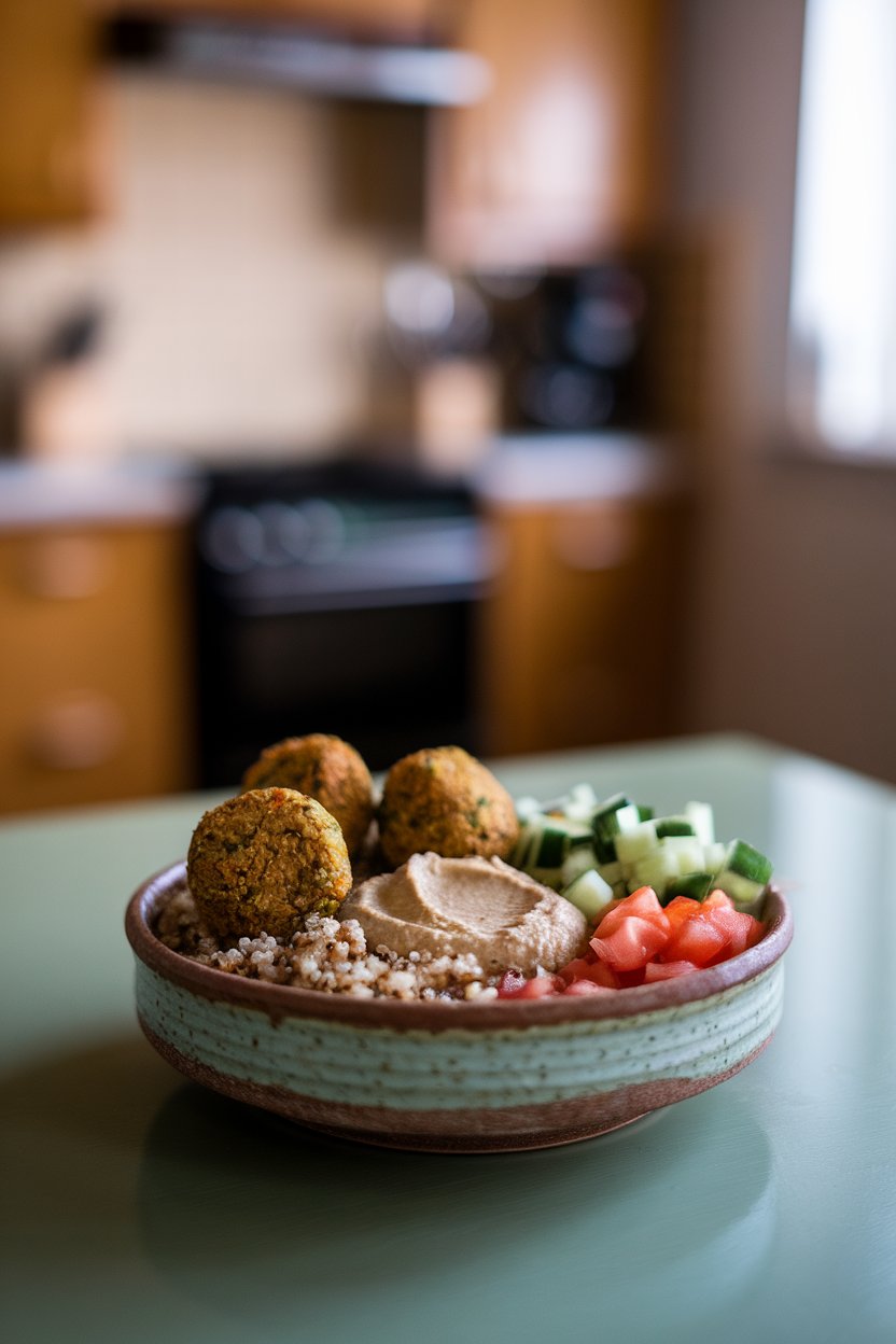 An indoor kitchen table with a ceramic bowl containing falafel balls, quinoa, diced cucumbers, tomatoes, and a dollop of hummus. No text or logos. Photo, not illustration.