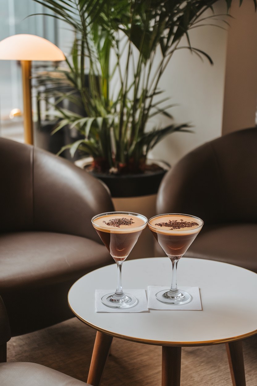 An indoor lounge corner showing two espresso martinis with cocoa-dark crema and chocolate shavings; photo, not illustration; no text or logos.