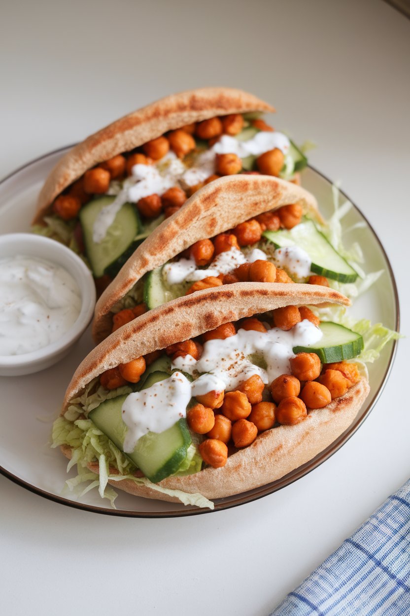 Indoor photo of whole-wheat pita pockets stuffed with roasted paprika chickpeas, cucumber ribbons, shredded lettuce, and a yogurt-tahini sauce. No text or logos.
