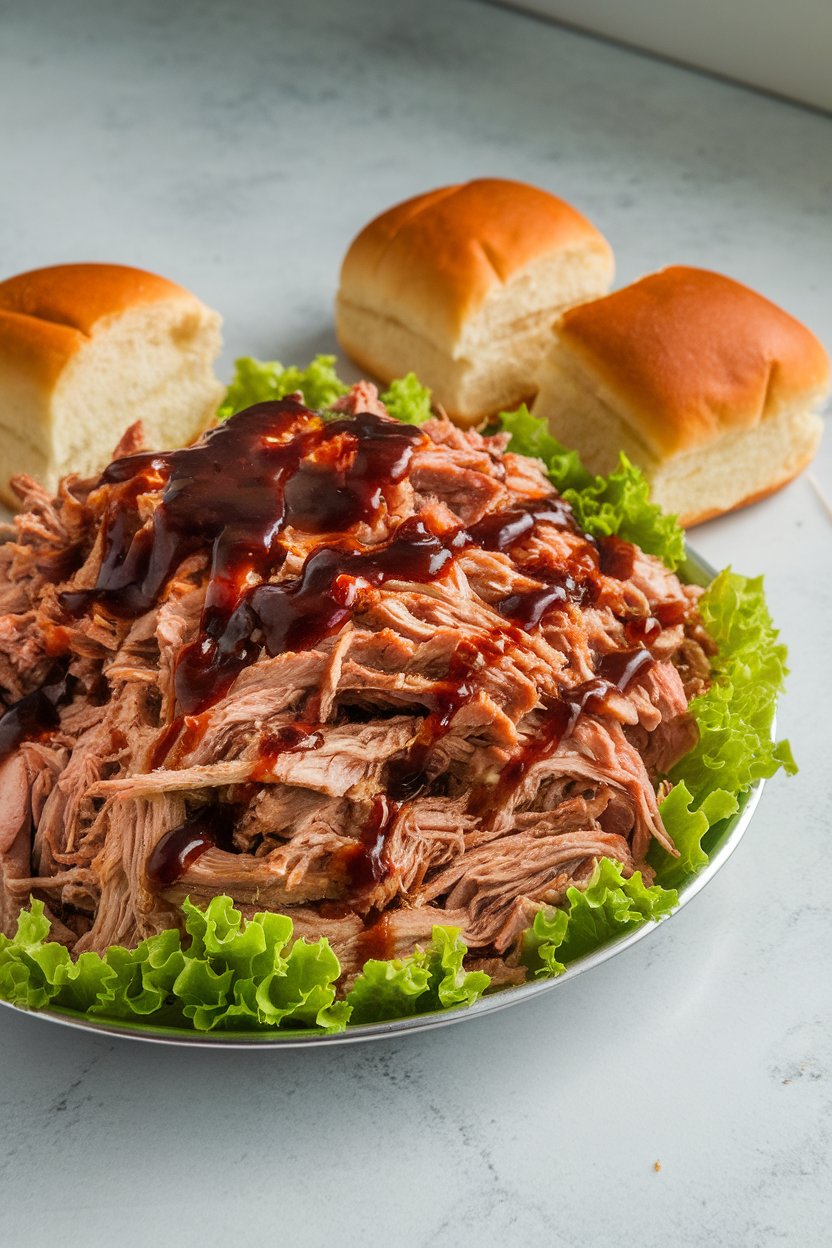 An indoor kitchen counter with a platter of shredded pulled pork brushed in dark barbecue sauce, accompanied by soft slider buns. No text or logos visible. Photo only.