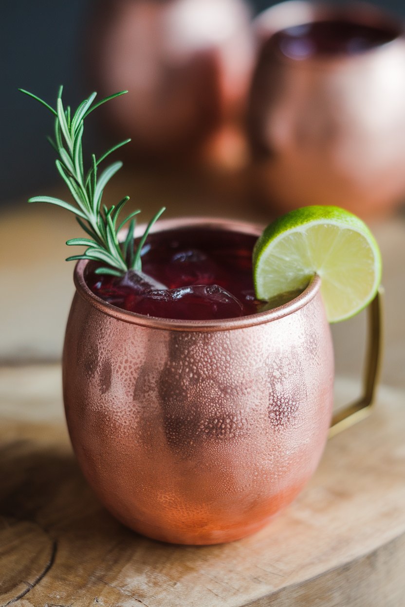 Photo indoors of a frosty copper mug with deep red mocktail, rosemary sprig, and lime wedge; no text or logos.