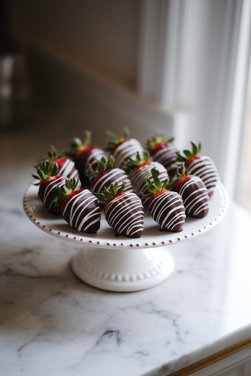 Photo of a white porcelain platter on an indoor marble countertop holding glossy chocolate-covered strawberries, a few drizzled with white chocolate, softly lit from the side. No text or logos anywhere in the scene.