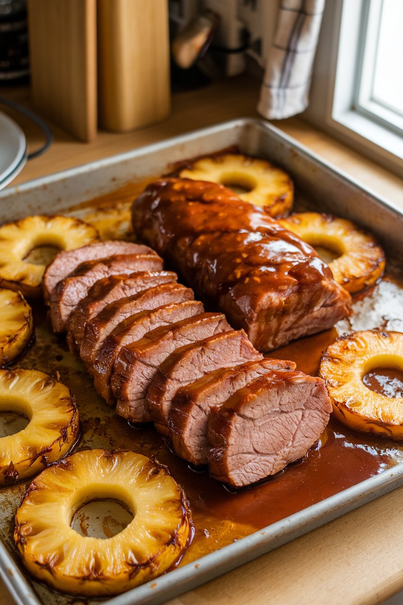 A warmly lit kitchen counter showing sliced teriyaki-glazed pork tenderloin and roasted pineapple rings on a sheet pan, sauce pooled slightly. No text or logos.