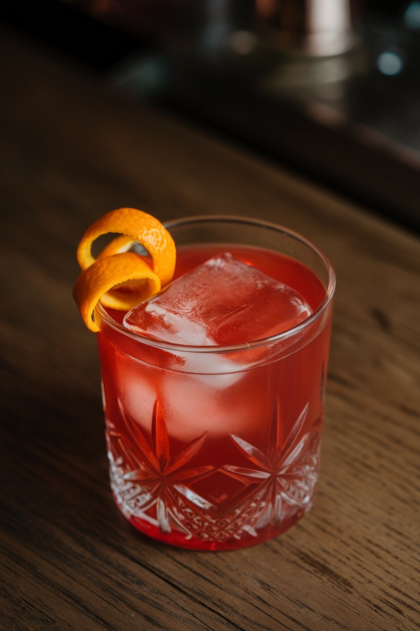 Indoor low-light bar scene showing a short crystal glass with large clear ice cube, ruby mocktail, and an expressed orange peel resting on top, no logos present.