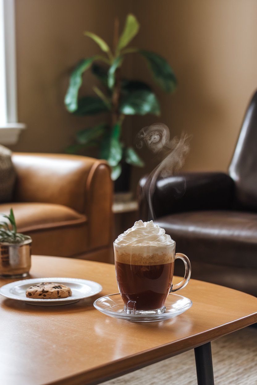 Indoor cozy living room scene with a clear glass mug of hot Irish Coffee topped with thick whipped cream, steam rising, no logos or text. Photo only.