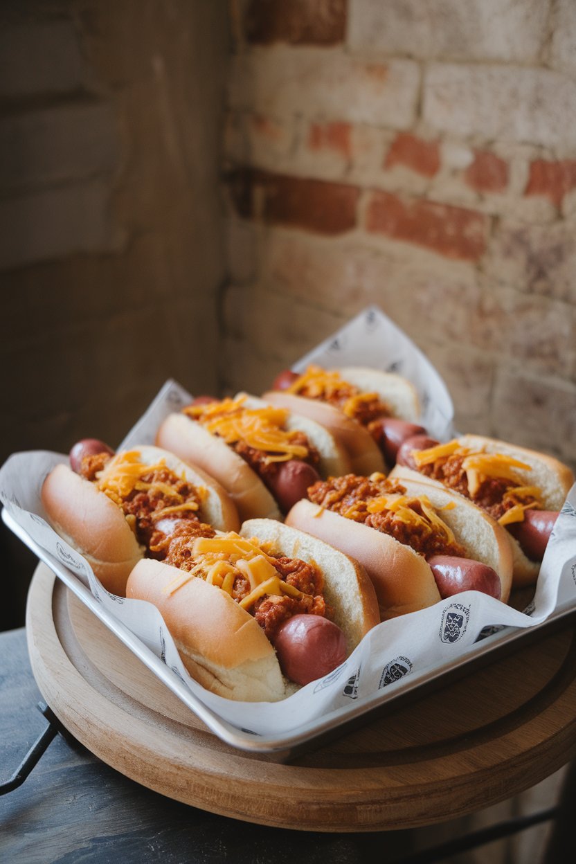Indoor photo of hot dogs nestled in buns, smothered with chili and shredded cheddar on a tray. No text or logos.