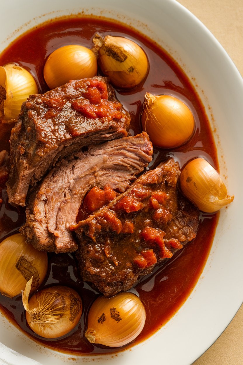Indoor photo of short ribs in rich tomato-red wine sauce with pearl onions; no text or logos