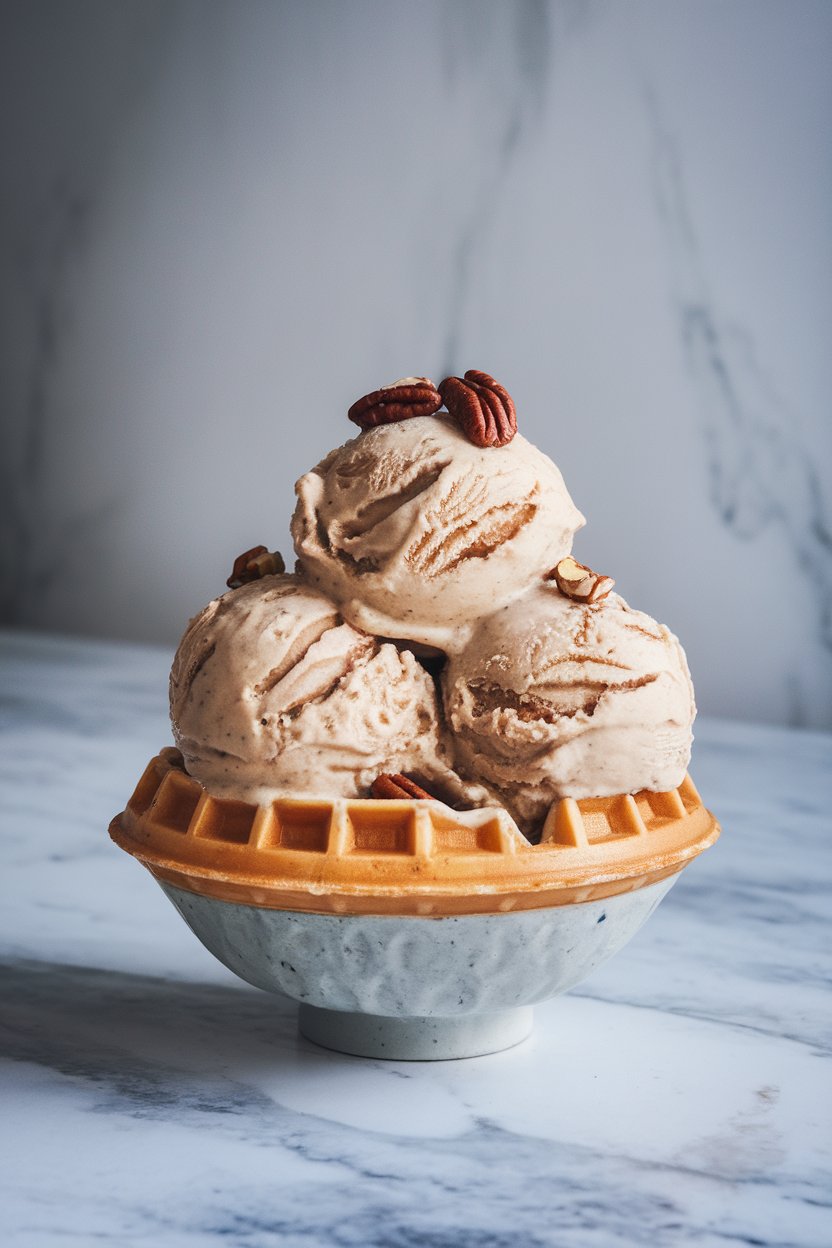 Indoor photo of a waffle bowl filled with creamy pecan praline ice cream, pecan pieces visible, set on a marble counter. No text or logos.