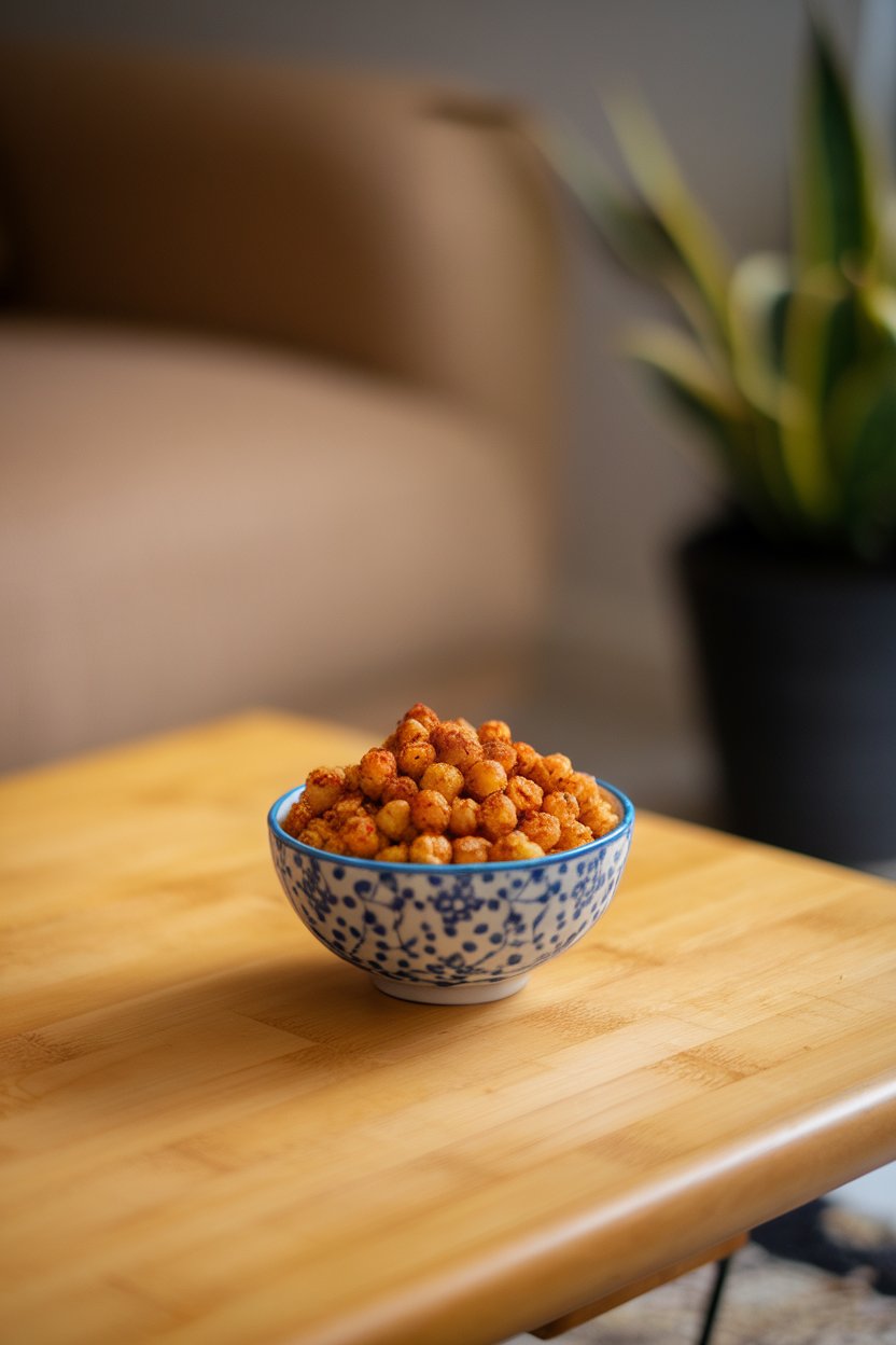 Indoor photo of a small bowl filled with crispy roasted chickpeas seasoned with paprika, placed on a wooden coffee table. No text or logos anywhere.