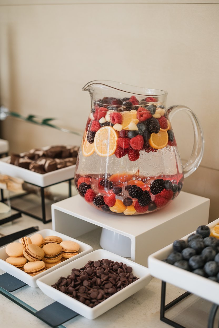 Indoor buffet shot of a clear pitcher filled with mixed berries, citrus slices, and sparkling liquid; no text or logos.