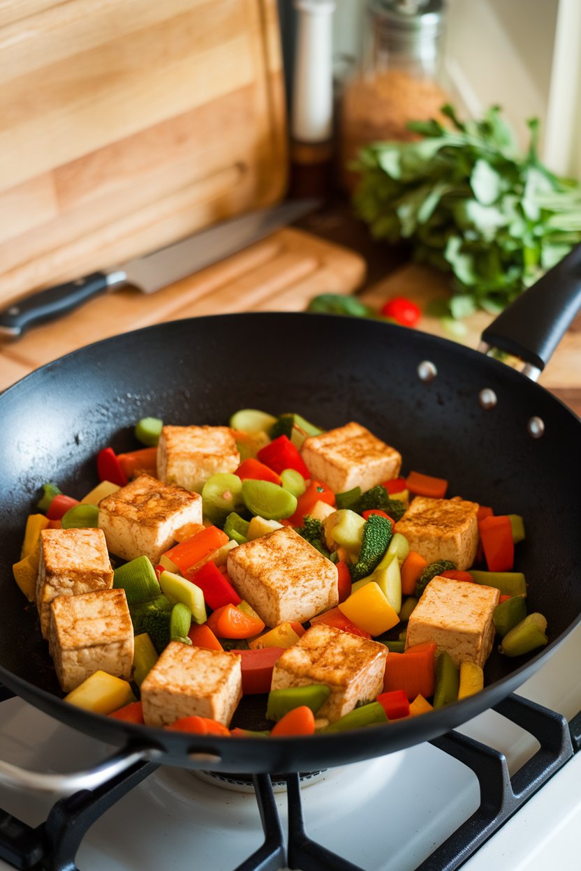 An indoor stovetop scene with a wok of seared tofu cubes and colorful mixed vegetables tossed in light soy-ginger sauce; no text or logos. Photo only.
