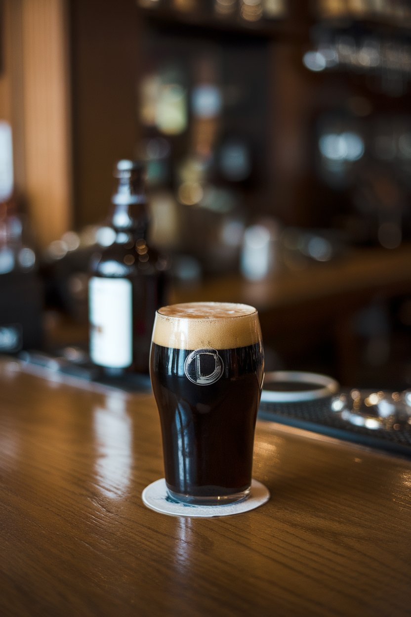 Indoor pub-style wooden bar with pint glass of dark stout, creamy head overflowing slightly, no brand label visible.