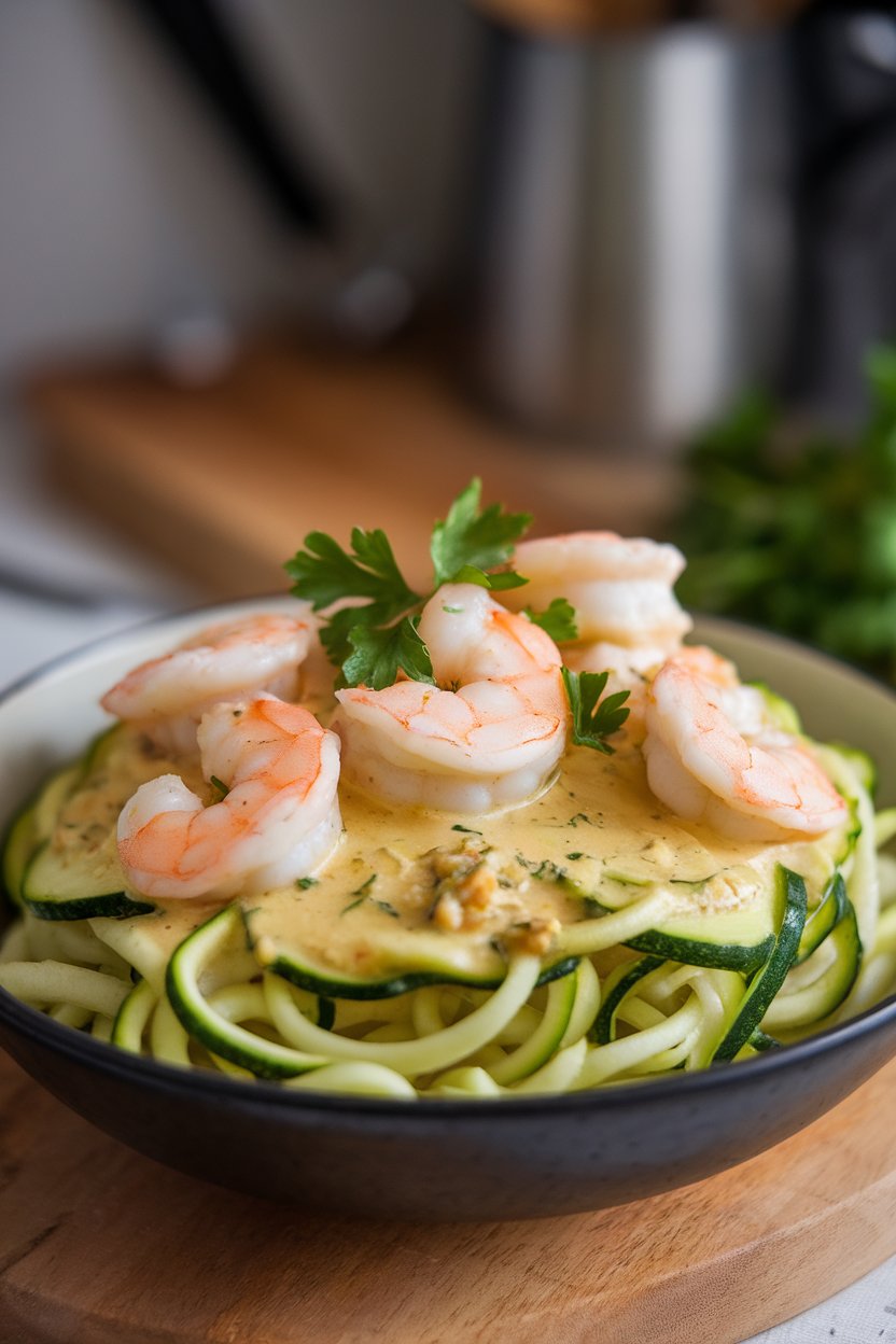 Photo of a bowl of zucchini noodles topped with cooked shrimp in lemon garlic sauce, sprinkled with parsley, shot indoors. No text or logos.