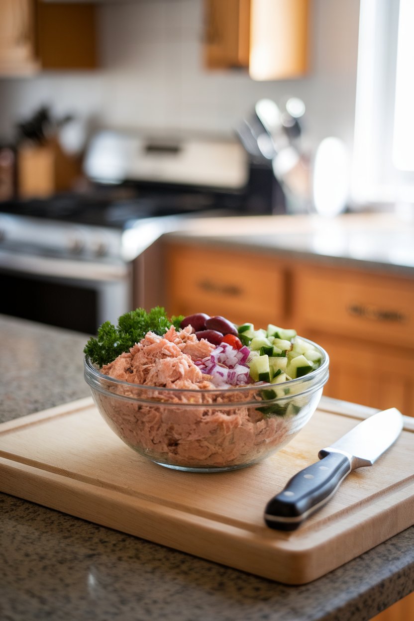 An indoor kitchen island with a bowl of tuna salad featuring canned light tuna, chopped cucumber, olives, red onion, and parsley. Soft daylight; no text or branding visible.