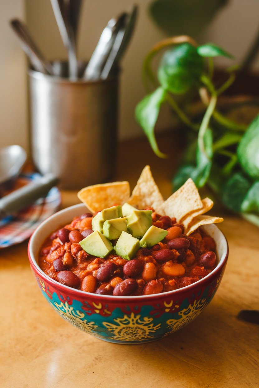 Photo of a colorful bowl of bean chili on an indoor table, topped with avocado cubes and tortilla strips, no text or logos