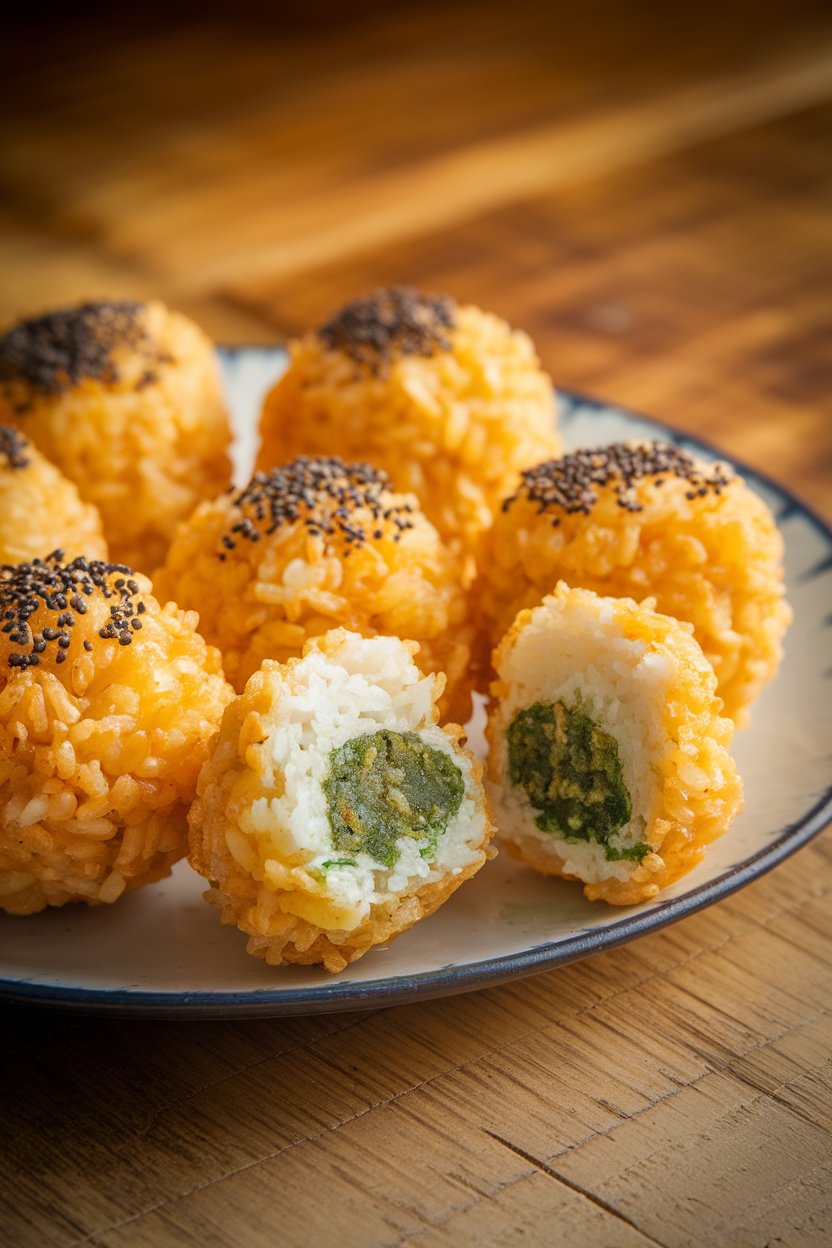 Indoor photo of golden fried rice balls with green center revealed in one broken open, no text or logos