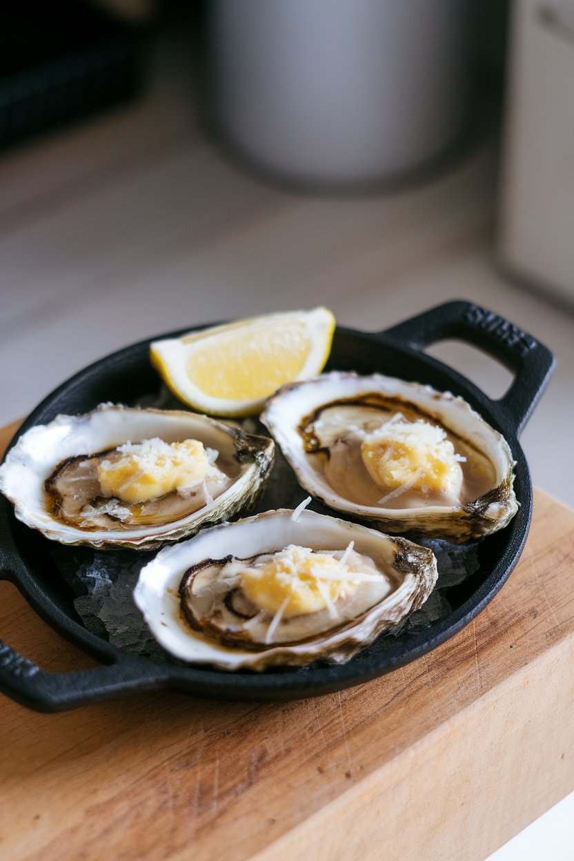 Indoor photo of a small cast-iron plate with cooked char-grilled oysters topped with garlic butter and Parmesan, lemon wedge on side; no text or logos