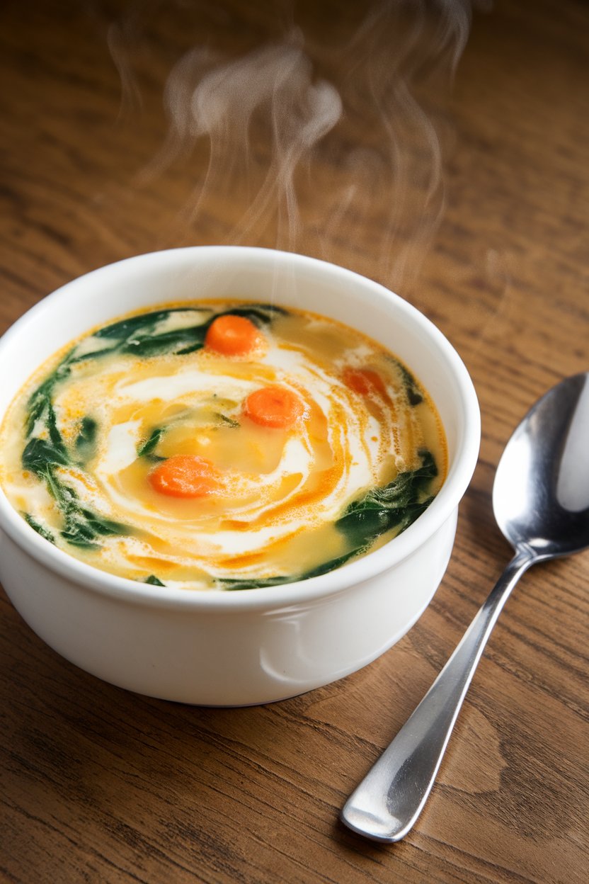 An indoor bowl of steaming egg drop soup filled with spinach and carrots, swirls of egg whites visible, spoon placed beside. No text or logos. Photo, not illustration.