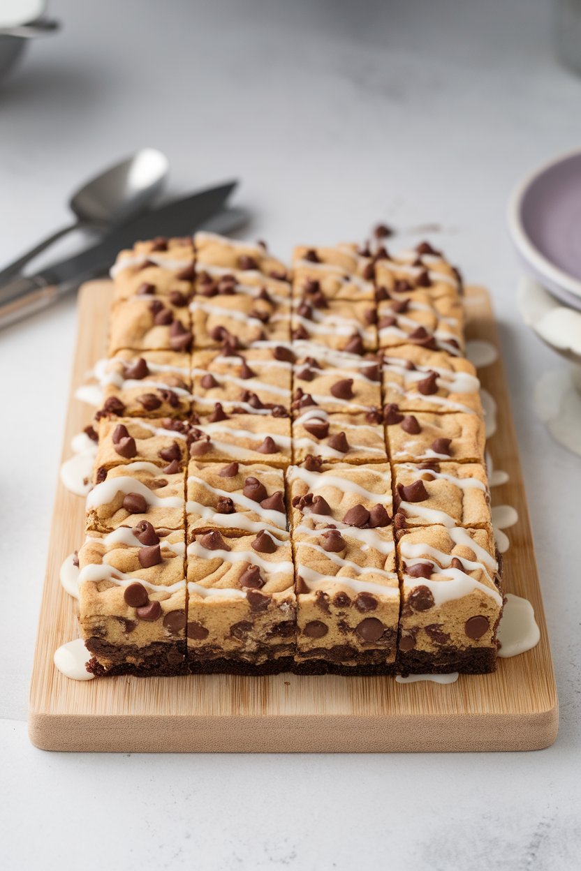 An indoor cutting board with stacked squares showing a brownie bottom and chocolate chip cookie top. No text or logos; photo, not illustration.