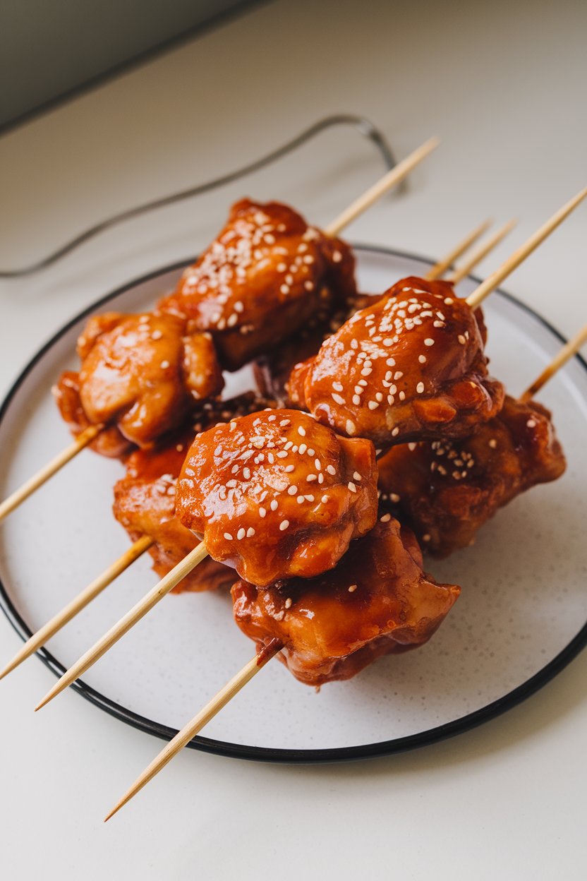 Indoor photo of glazed chicken thigh pieces on skewers, sprinkled with sesame seeds, resting on a white plate. No text or logos.