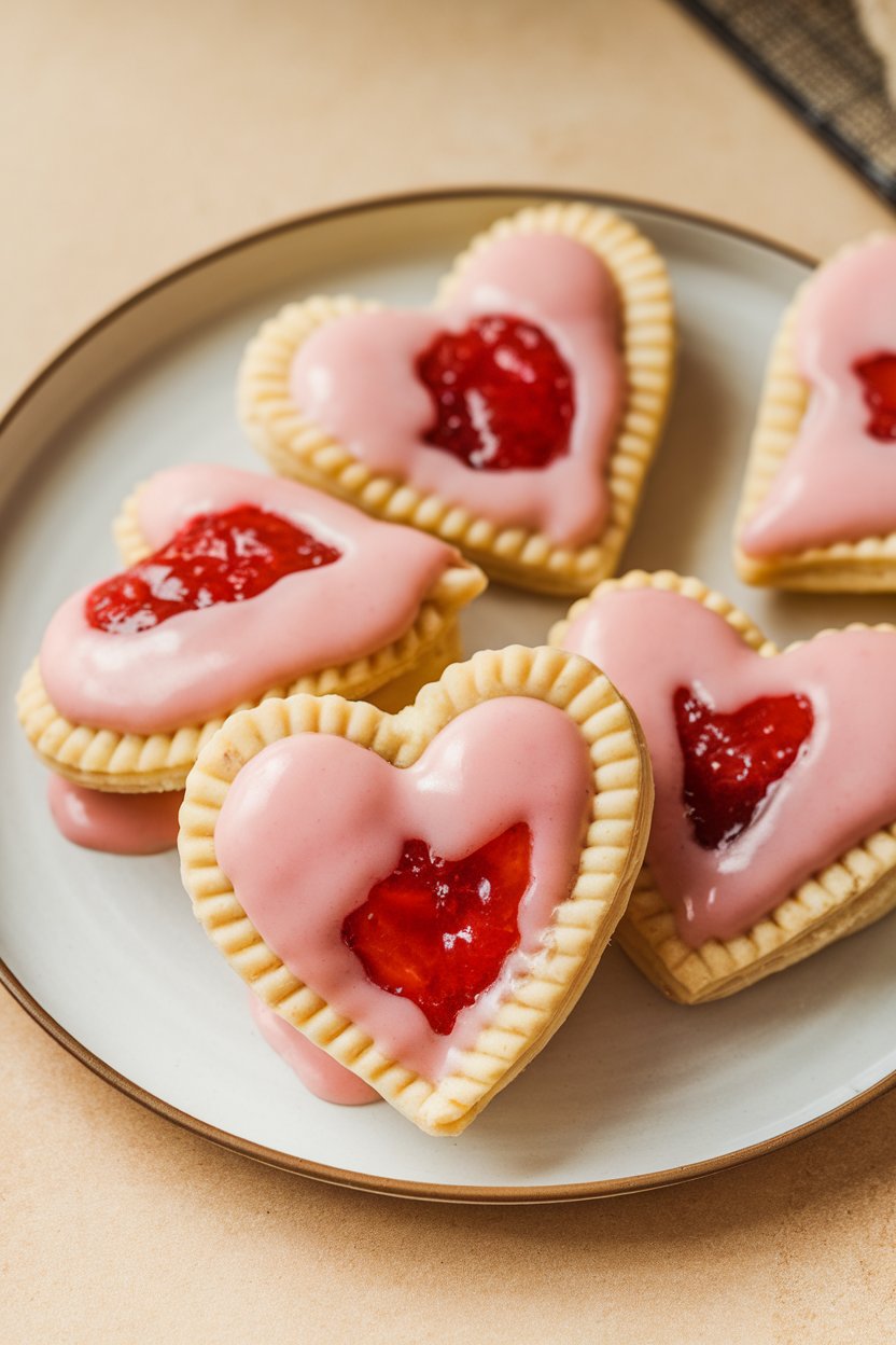 Indoor photo of homemade heart-shaped pastry pockets filled with strawberry jam and iced with pink glaze, no text or logos