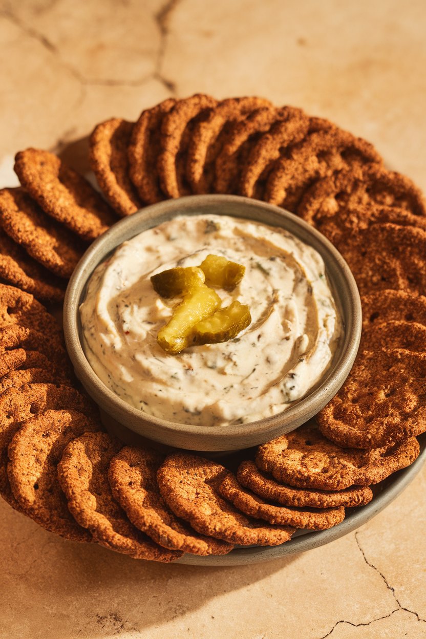 An indoor serving bowl of creamy dip speckled with pickle bits, surrounded by rye crackers. No logos or text.