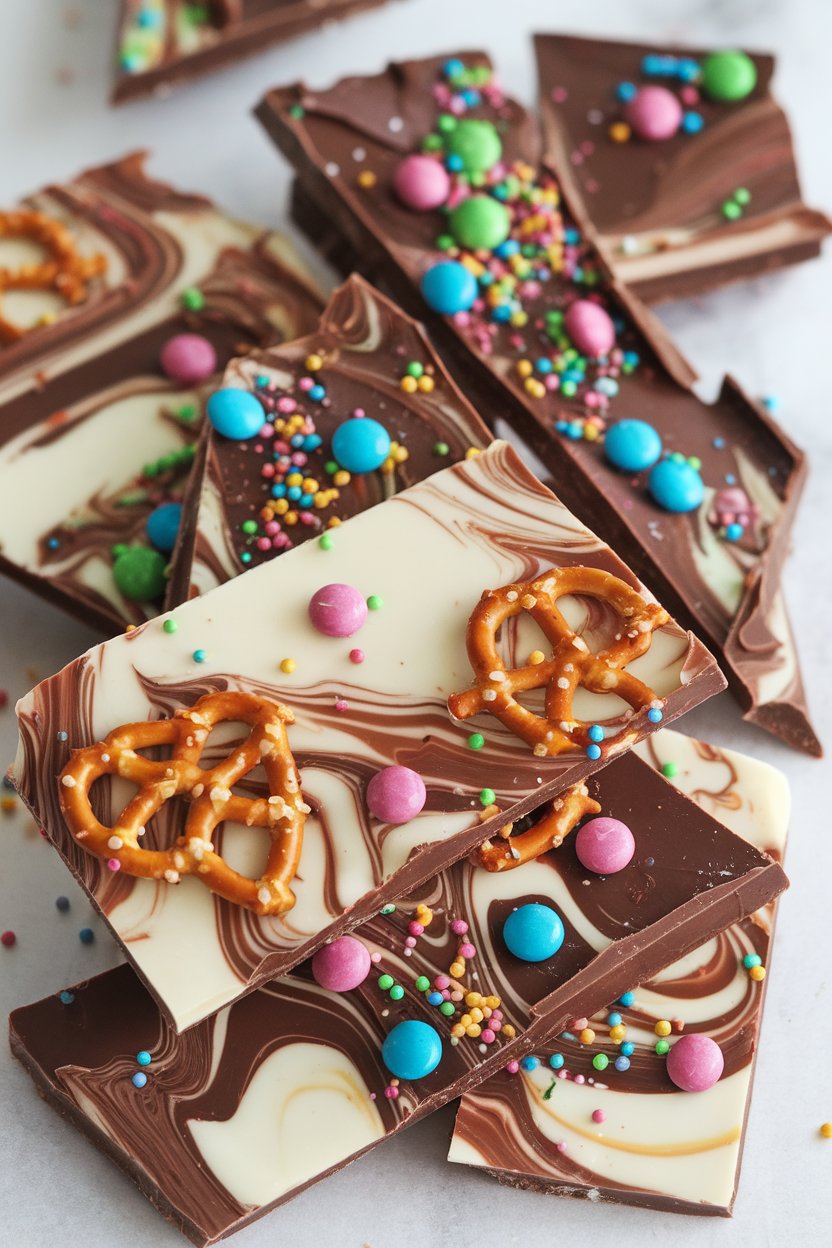Indoor photo of slabs of white and dark chocolate swirled together, sprinkled with colored candies and pretzels, broken into shards. No text or logos.