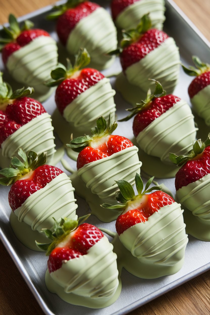 An indoor tray of fresh strawberries half-dipped in pale green matcha white chocolate, excess chocolate dripping, no text or logos. Photo only.