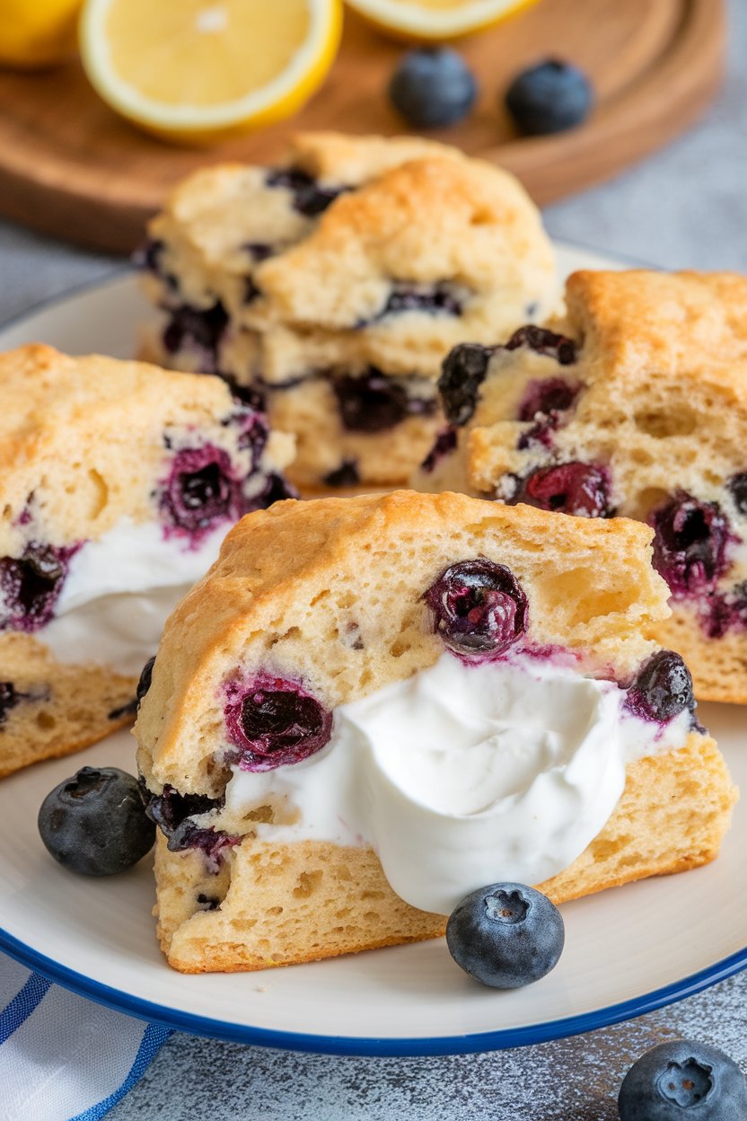 Indoor plate with split lemon blueberry scones filled with vanilla Greek yogurt, no branding.