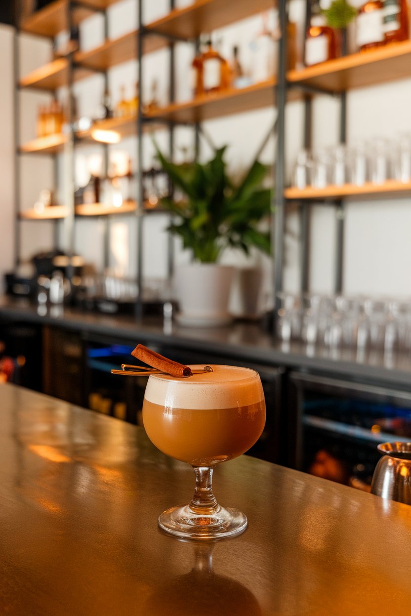 Indoor whiskey-style bar featuring a coupe of frothy caramel-colored drink, cinnamon stick garnish. No text or logos.