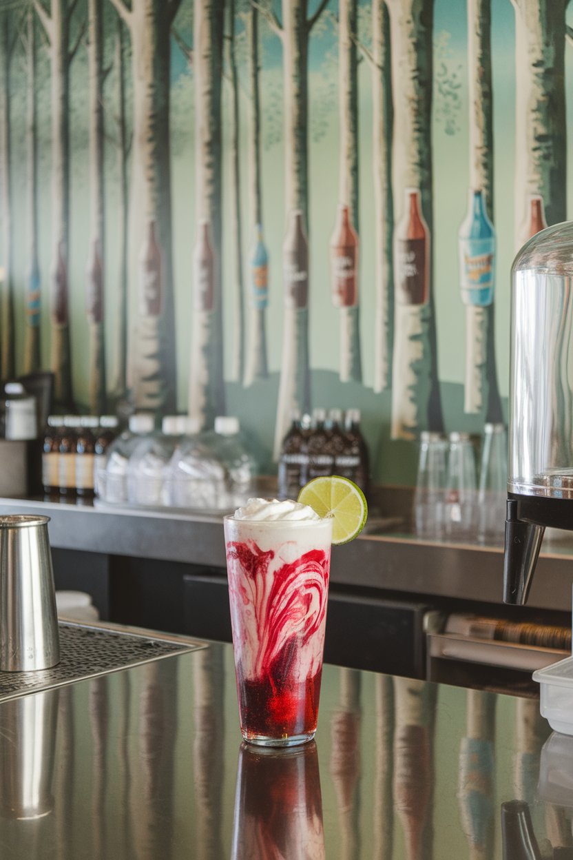 Indoor soda-shop counter with tall glass containing layers of raspberry syrup, sparkling water, and cream swirled, lime wheel on rim, no logos.