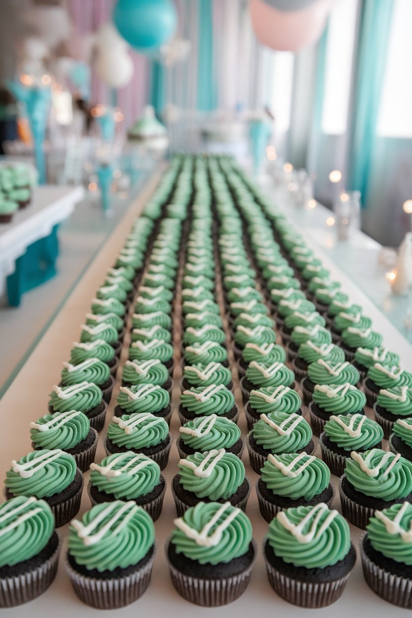 An indoor party table lined with tightly packed chocolate cupcakes iced in grass-green buttercream, white frosting stripes creating yard lines across the whole arrangement—no text or logos.