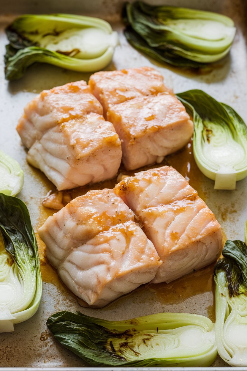 Photo taken indoors of flaky cooked cod fillets coated in shiny miso glaze, surrounded by roasted baby bok choy halves on a sheet pan. No text or logos present.