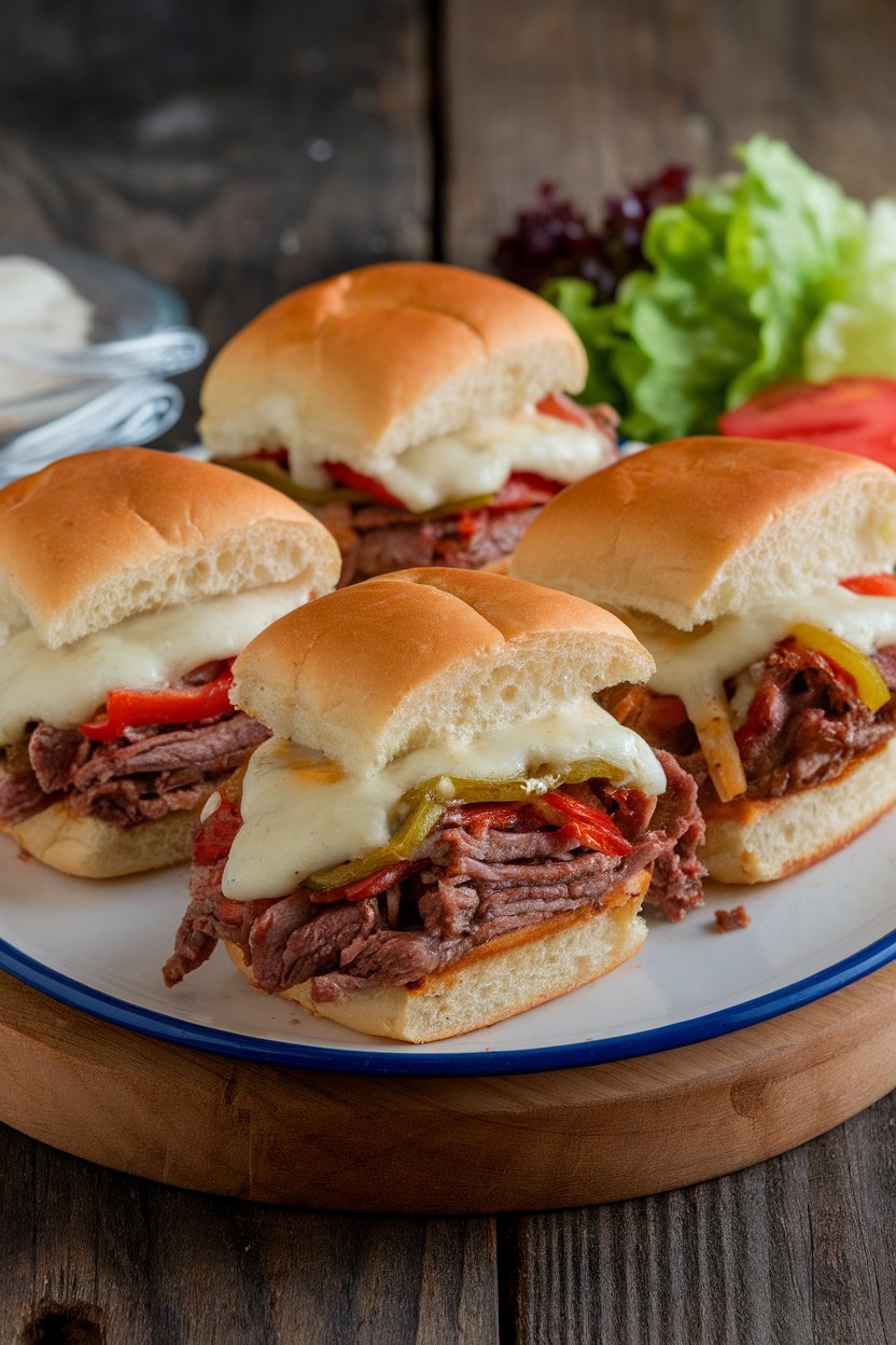 Indoor photo of cheesesteak sliders filled with shaved beef, onions, peppers, and melted provolone on soft rolls. No text or logos.
