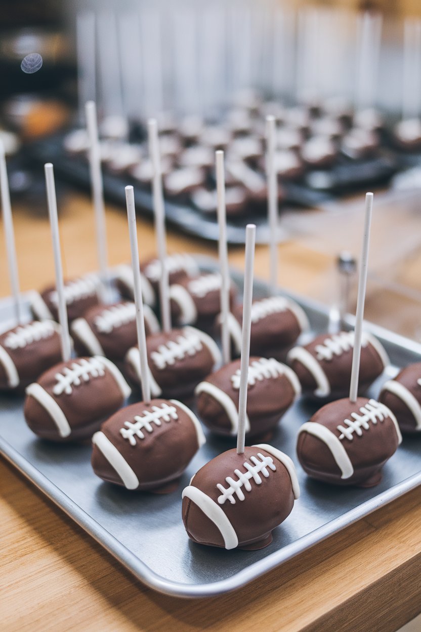 An indoor kitchen tray lined with bite-sized football-shaped cake pops, chocolate coating, white frosting laces, sticks tucked underneath—no text or logos.