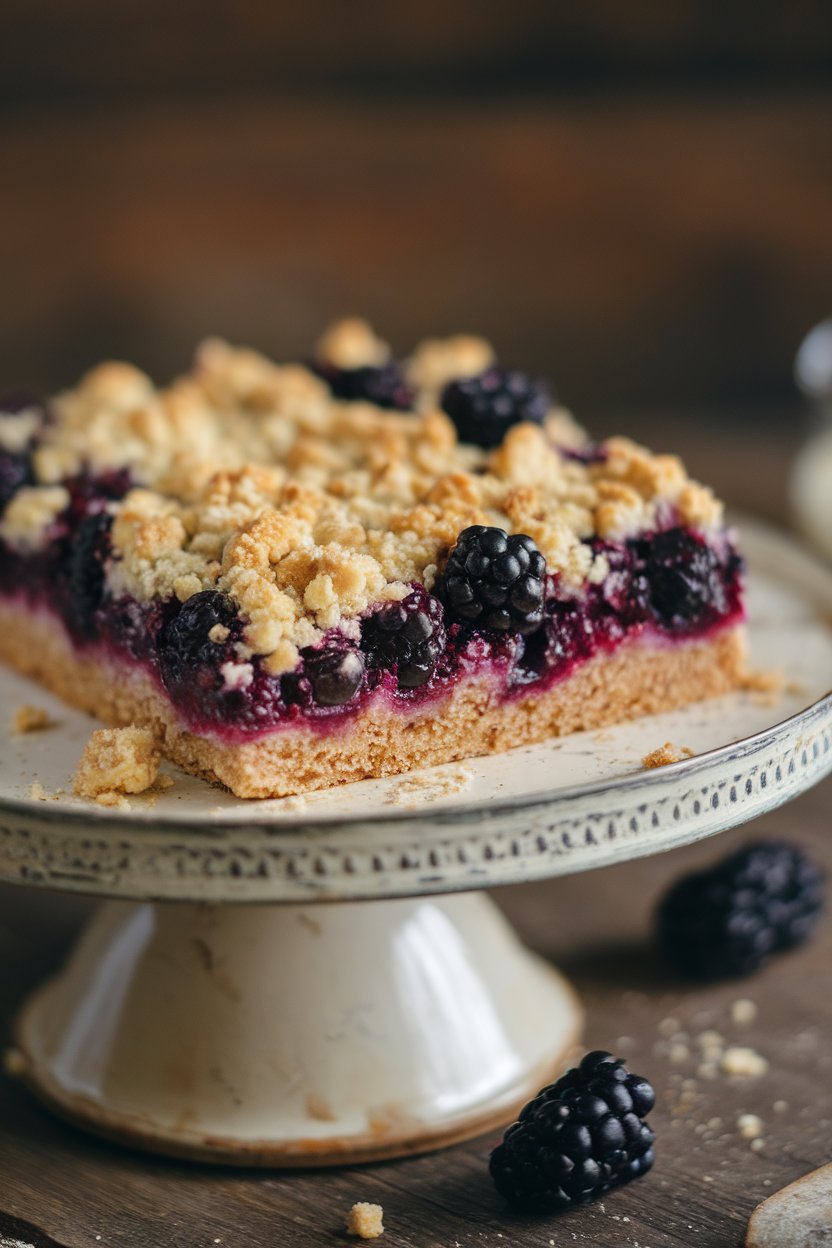 An indoor cake stand stacked with rustic blackberry cobbler bars, crumbs on the surface. No text or logos; photo, not illustration.