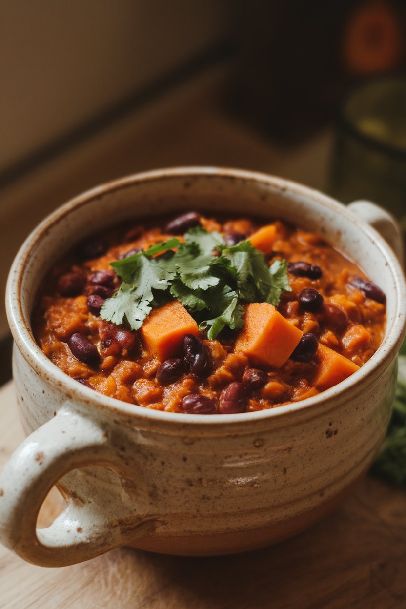 A ceramic bowl of thick chili featuring bright orange sweet potato cubes and black beans, garnished with chopped cilantro, photographed indoors under cozy lighting. No visible text or logos.