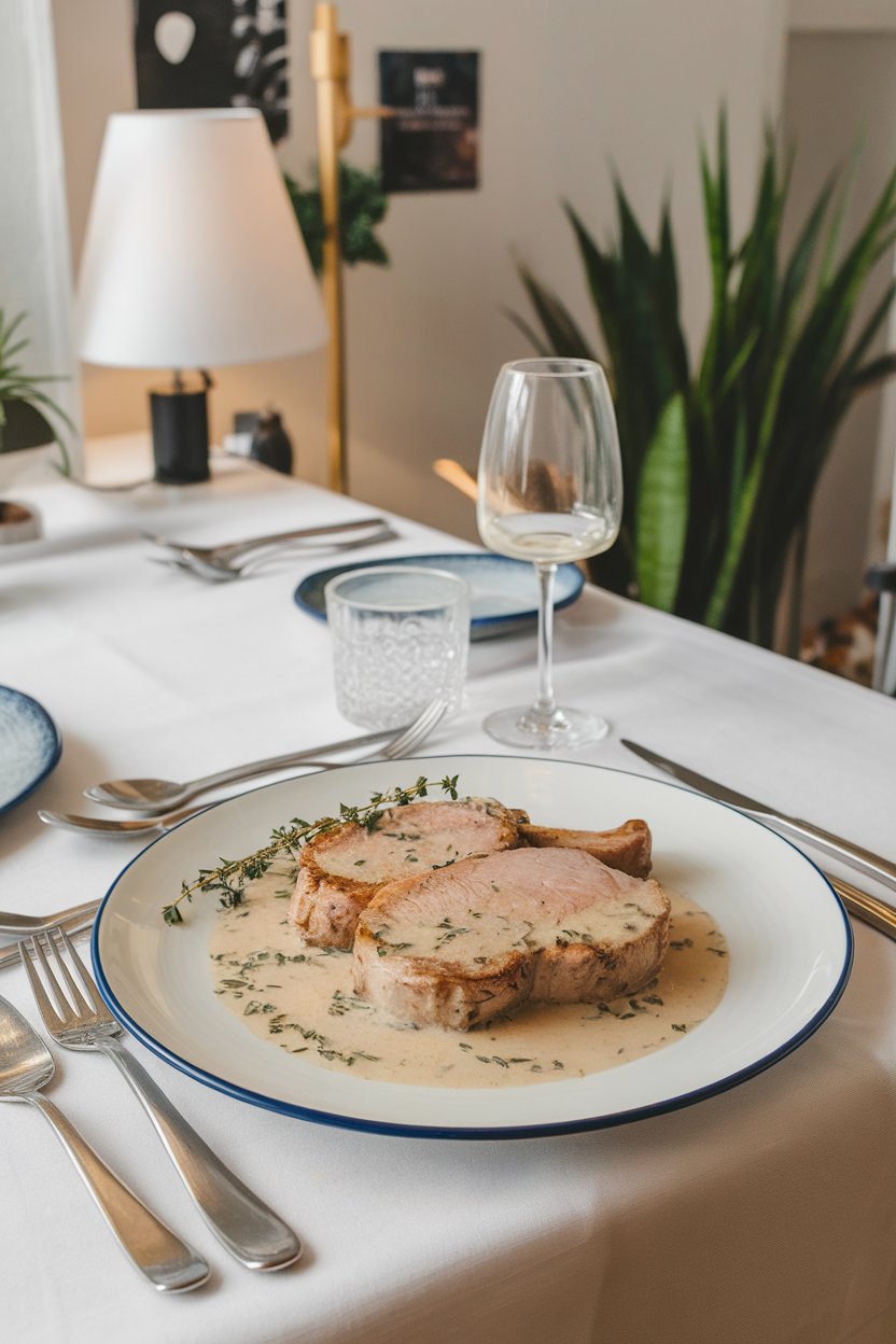 Indoor dining table with pork chops in pale herb white wine sauce, thyme sprigs visible, no text or logos.