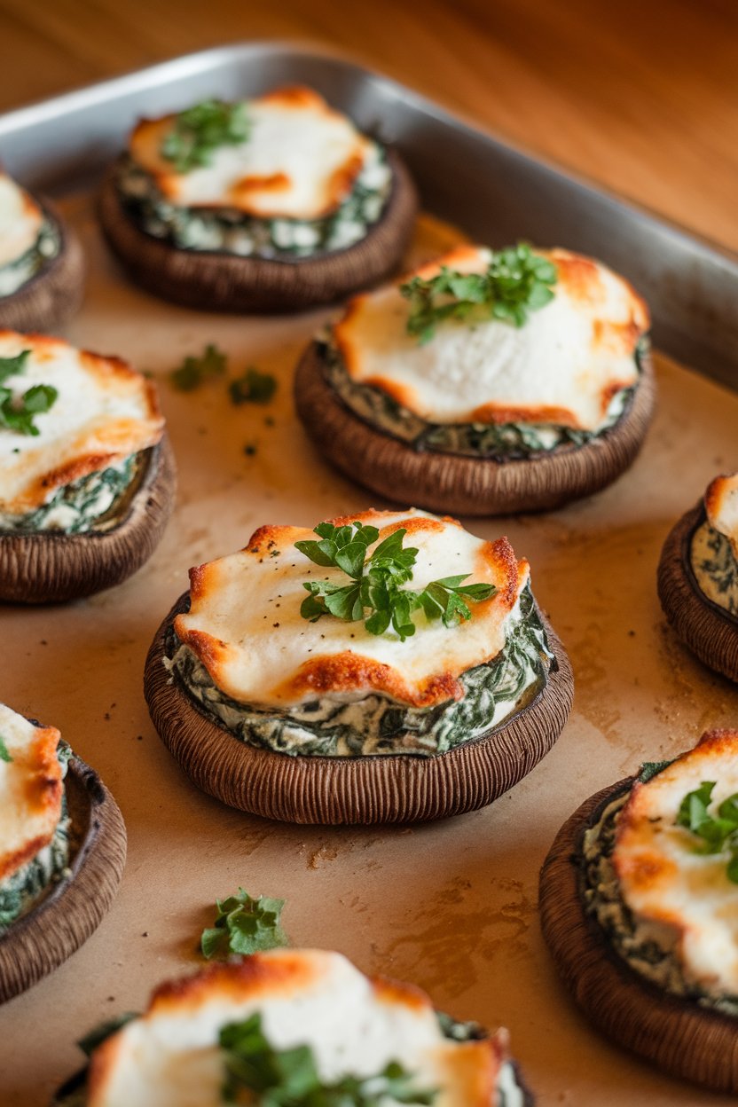 Indoor photo of baked Portobello caps filled with ricotta-spinach mixture and topped with melted mozzarella, on a baking sheet, no text or logos