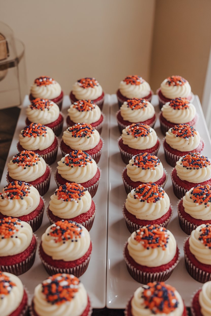 Photo indoors of red velvet cupcakes topped with cream cheese frosting and decorative sprinkle team colors, arranged in two opposing rows. No text or logos.