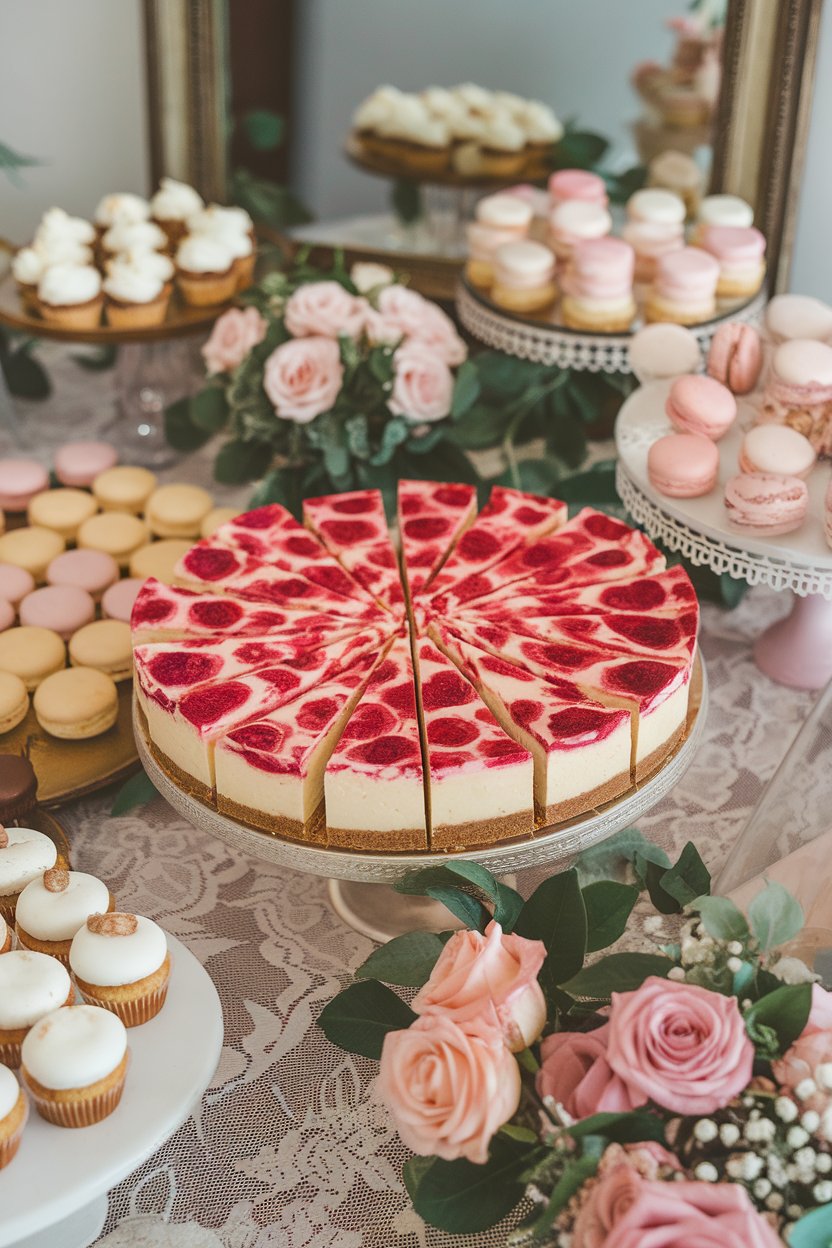 An indoor dessert table featuring a platter of cheesecake bars topped with vivid raspberry swirls, cleanly cut squares arranged neatly. Photo, no text or logos.