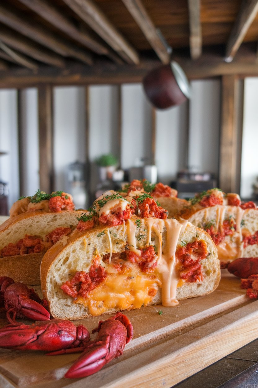 Indoor cutting board with slices of cheesy stuffed French bread oozing crawfish filling, herbs sprinkled on top. Photo, no text or logos.